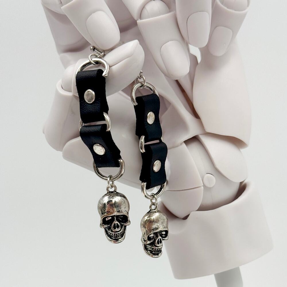Hot Topic Skull Faux Leather Strap Dangle Earrings Black Silver Goth Punk
